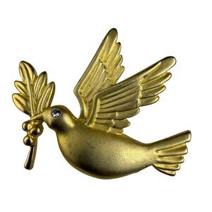 Gold Tone Bird Brooch With Olive Branch Rhinestone Accent Metal Signed FL2014